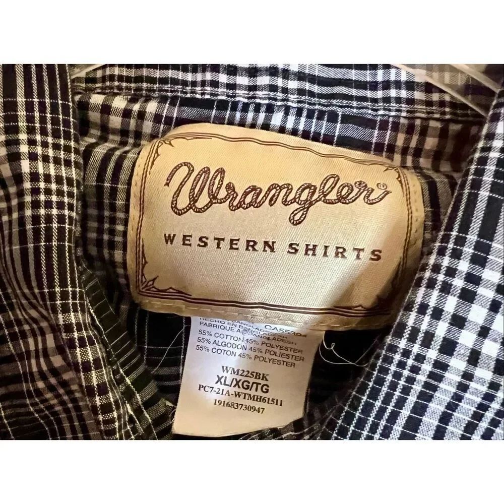 WRANGLER Western Shirt Pearl Snap Short Sleeve Button Up Black Plaid Men's XL - Picture 3 of 3
